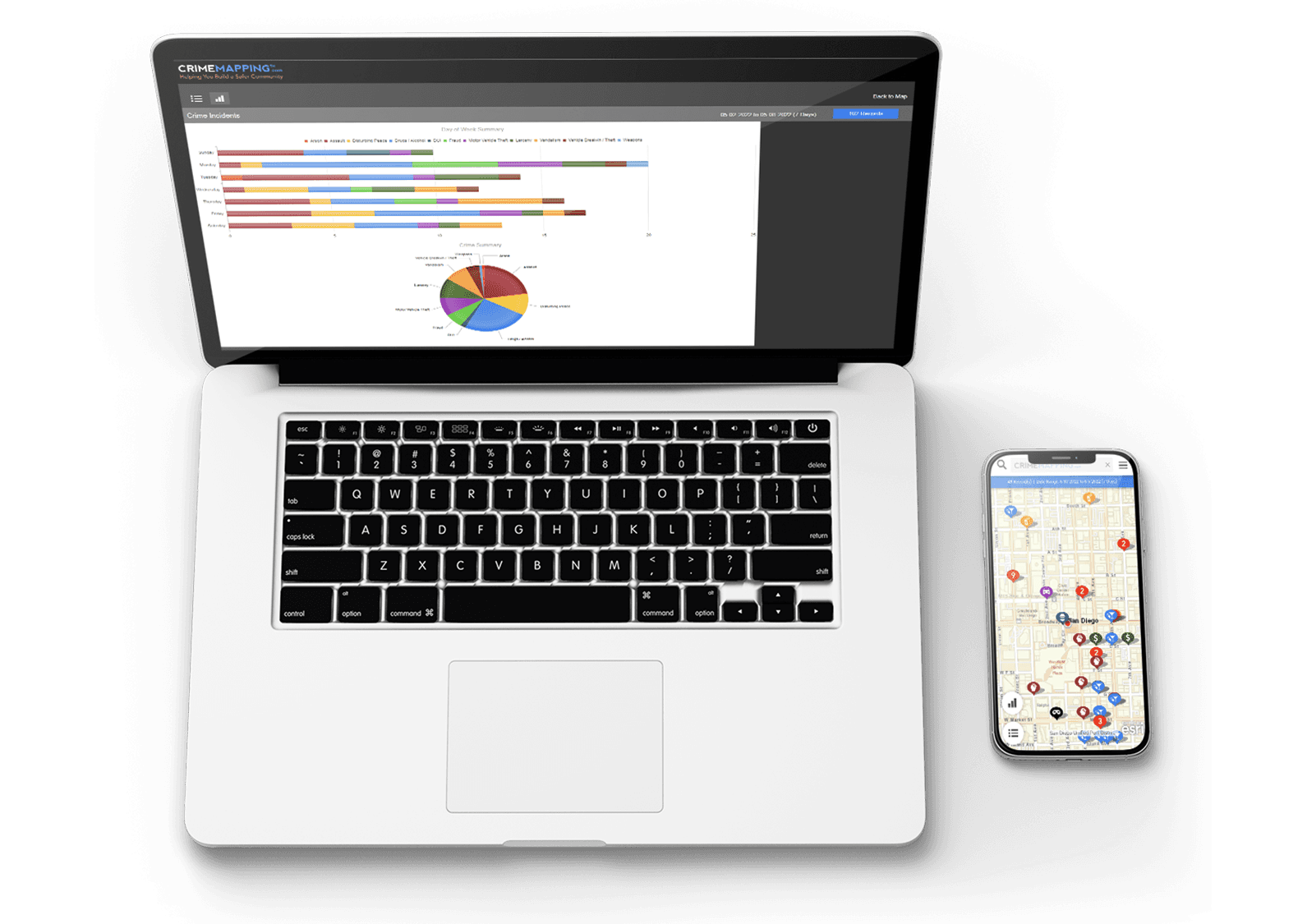 A laptop computer and mobile phone display different views of data from CentralSquare's Crimemapping solution.
